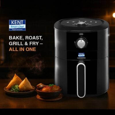 KENT Classic Hot Air Fryer 4L 1300 W | 80% Less Oil | Instant Electric Air Fryer | Auto Cut Off | Fry, Grill, Roast, Steam, and Bake | Black